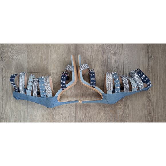 Azalea Wang Trace Heels 6 Denim Strappy Mid Calf Silver Studded Rhinestone NEW - Picture 5 of 12